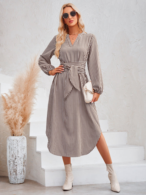 Casual V-neck striped tie waist shirt dress