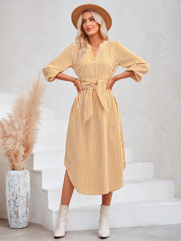 Casual V-neck striped tie waist shirt dress