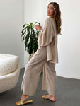 New cotton and linen suit cardigan long-sleeved top pocket wide-leg trousers two-piece set