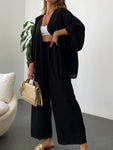 New cotton and linen suit cardigan long-sleeved top pocket wide-leg trousers two-piece set