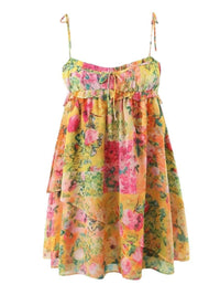 Lace-up French niche color-block floral sling dress with wooden ears