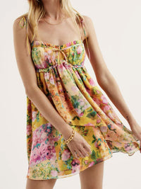 Lace-up French niche color-block floral sling dress with wooden ears