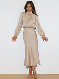 Elegant women's satin long sleeve loose dress