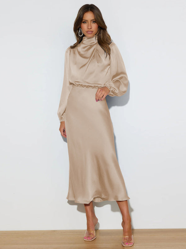 Elegant women's satin long sleeve loose dress