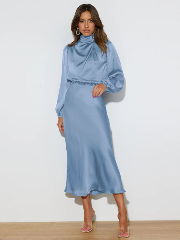 Elegant women's satin long sleeve loose dress