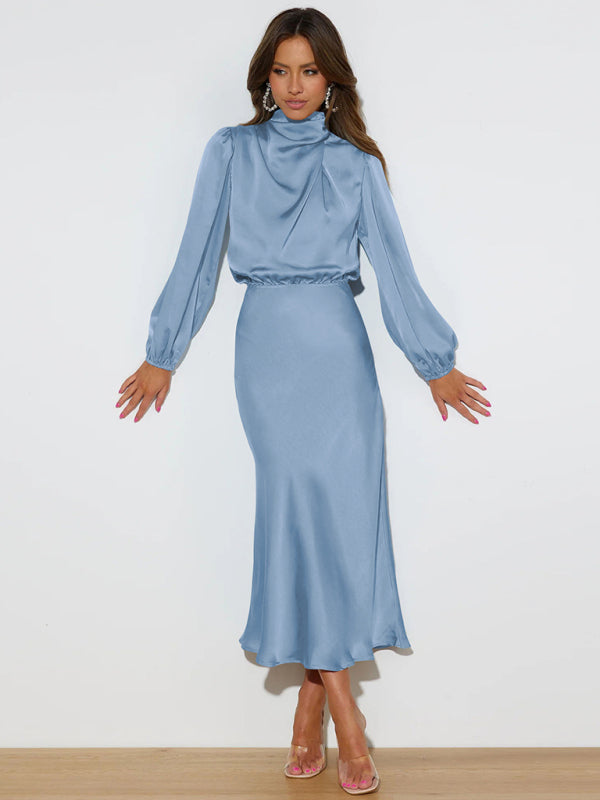 Elegant women's satin long sleeve loose dress