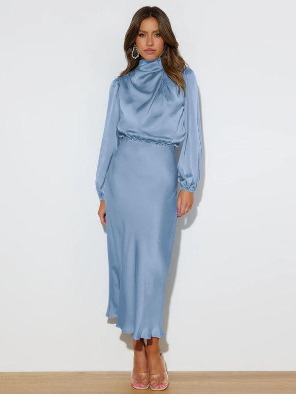 Elegant women's satin long sleeve loose dress