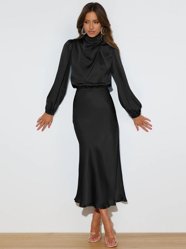 Elegant women's satin long sleeve loose dress