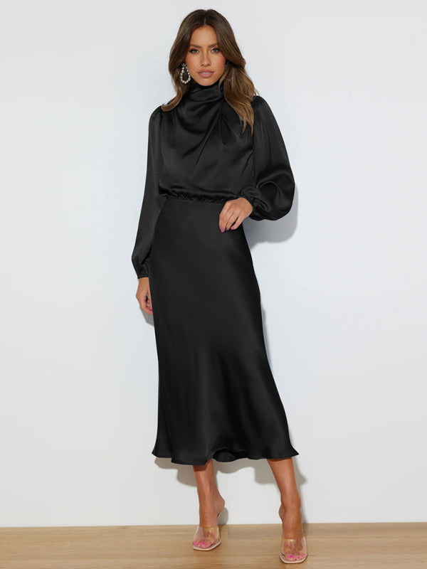 Elegant women's satin long sleeve loose dress