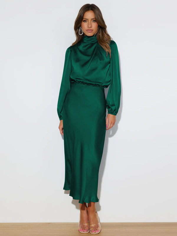 Elegant women's satin long sleeve loose dress