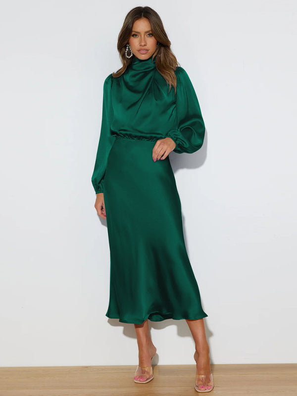 Elegant women's satin long sleeve loose dress