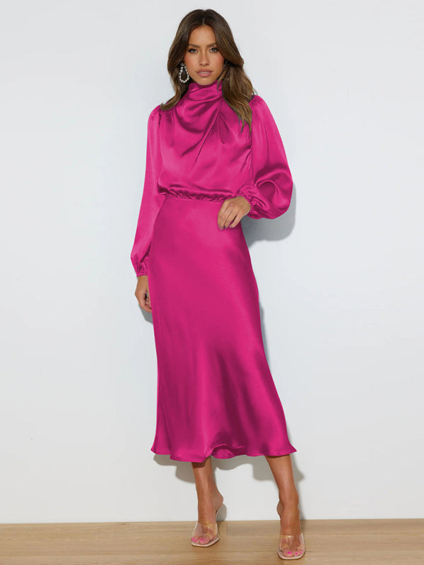 Elegant women's satin long sleeve loose dress