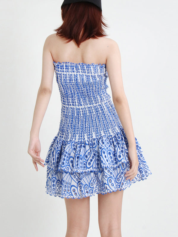 New Arrival Strapless Slim Ruffle Hem Embroidered Short Dress