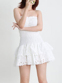 New Arrival Strapless Slim Ruffle Hem Embroidered Short Dress