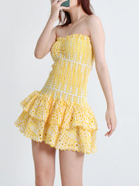 New Arrival Strapless Slim Ruffle Hem Embroidered Short Dress