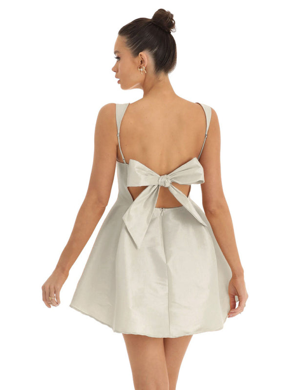 Square Neck Neck Waist Bow Knot Sling Swing Dress