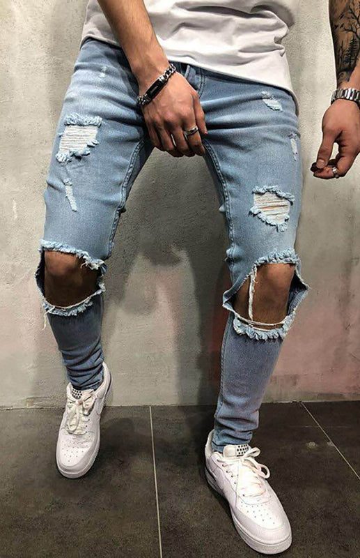 Men's Fashion Mid Waist Ripped Slim Jeans