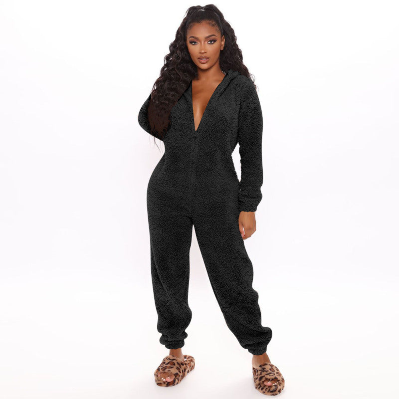 Long Sleeve Hooded Casual Jumpsuit Pants Plush Loungewear