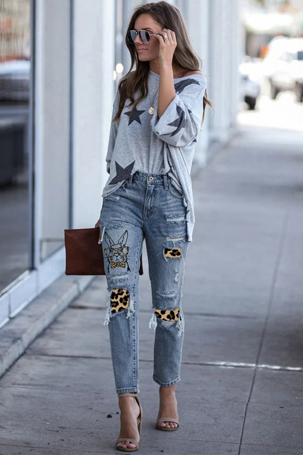 Easter Leopard Patch Bunny Graphic Jeans