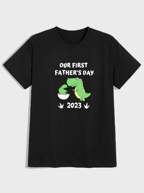 Men's Knitted Casual Father's Day Dinosaur Print Short Sleeve T-Shirt