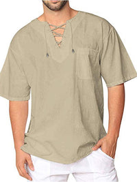 New Men's Short Sleeve T-Shirt Cotton Linen Tie Collar Casual Men's T-Shirt Shirt