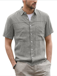 Men's Casual Button Down Shirt Cotton Linen Short Sleeve Pocket Wide Collar Shirt