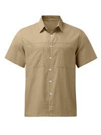 Men's Casual Button Down Shirt Cotton Linen Short Sleeve Pocket Wide Collar Shirt