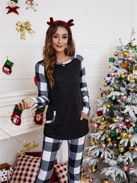 Women's round collar collision color plaid home set Christmas patchwork two-piece