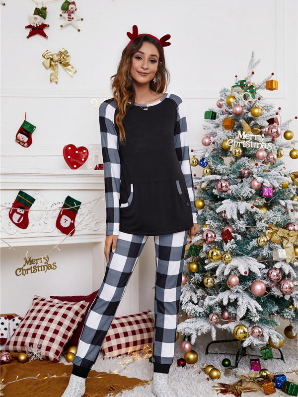 Women's round collar collision color plaid home set Christmas patchwork two-piece