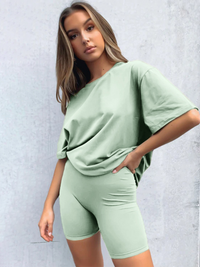 Women's solid color casual short-sleeved + shorts two-piece sets