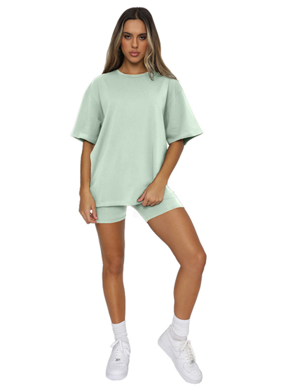 Women's solid color casual short-sleeved + shorts two-piece sets