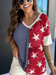 Women's Knitted Personality Stitching Stripe Stars Print Independence Day Short Sleeve T-Shirt