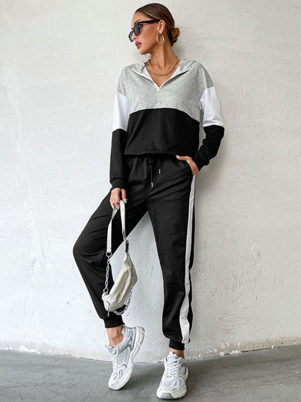 Long sleeve color block hooded fashionable casual sweatshirt suit for women