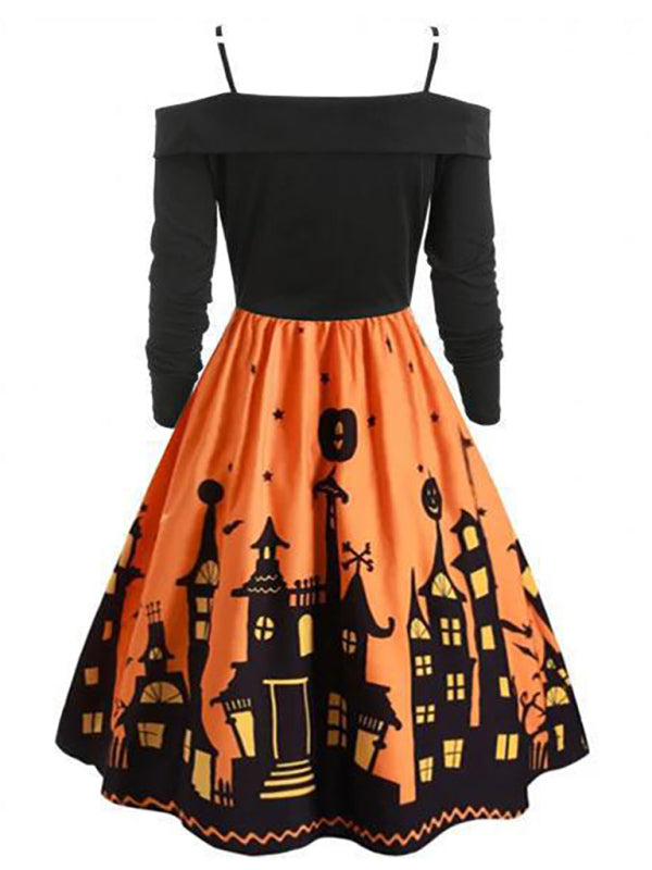 Women's Halloween Print Panel Contrast Dress