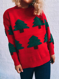 Women's Christmas Sweater Crew Neck Long Sleeve Christmas Tree Knit Pullover