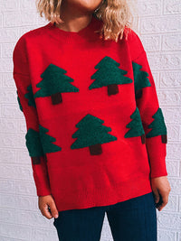 Women's Christmas Sweater Crew Neck Long Sleeve Christmas Tree Knit Pullover