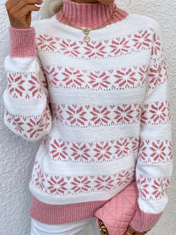Women's Knitted Half Turtleneck Christmas Snowflake Sweater