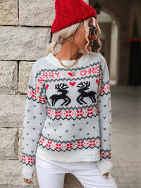 Women's Jacquard Knit Crew Neck Color Contrast Christmas Sweater