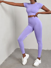 Women's Solid Color Seamless Exercise Yoga Short Sleeve + Pants Two-Piece Suit